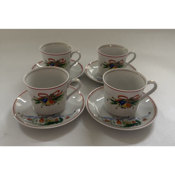 Vintage 4pc Set Salem China Christmas Eve Teacups and Saucers Holiday Dinnerware - Picture 1 of 10